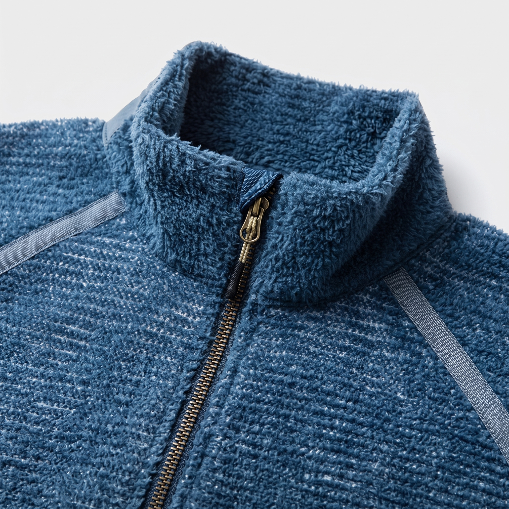 Close-up of the standing collar, brass zip pull and bound shoulder seam