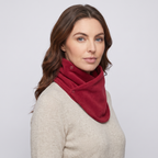 Fleece Snood neck warmer in Crimson, three-quarter view showing the two poppers