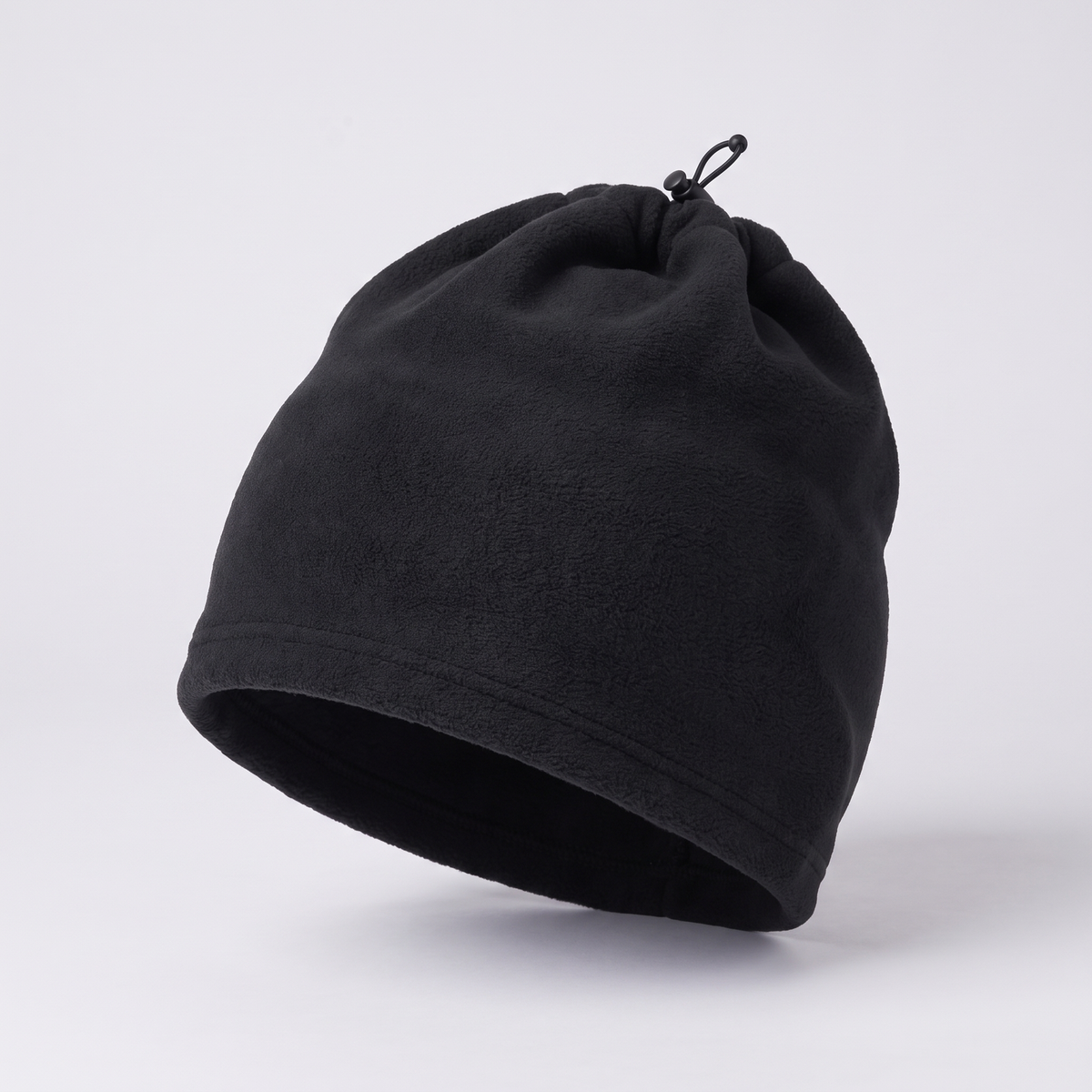 Fleece snood with drawcord pulled tight worn as a hat