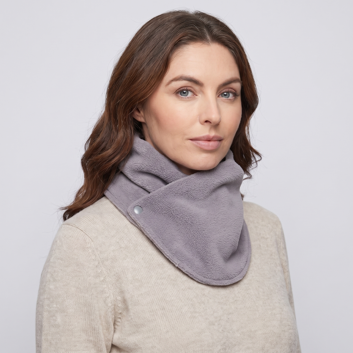Fleece Snood neck warmer in Light Grey, three-quarter view showing the two poppers
