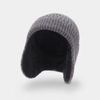 Inside of the grey men's winter hat showing the plush fleece lining and both ear flaps