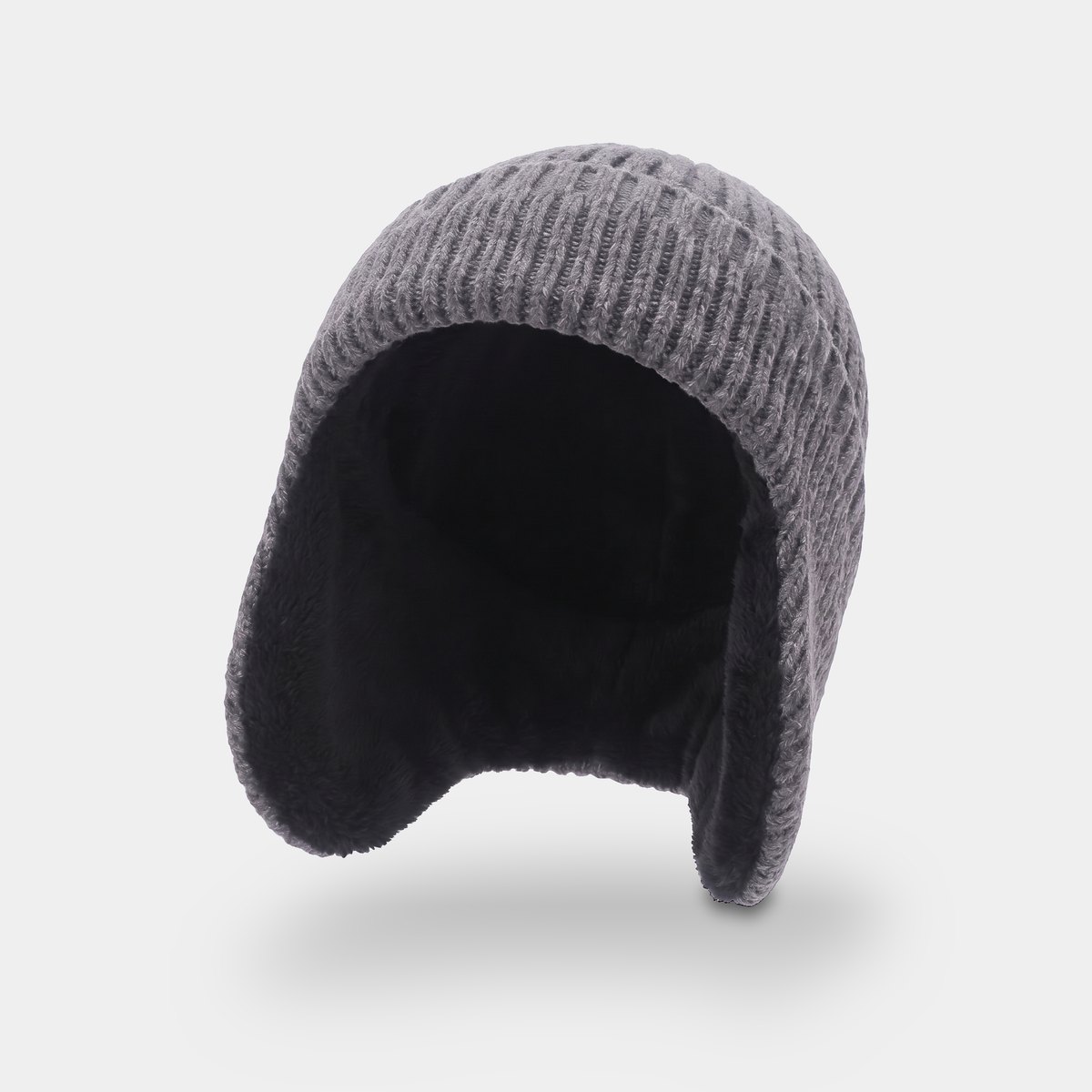 Inside of the grey men's winter hat showing the plush fleece lining and both ear flaps
