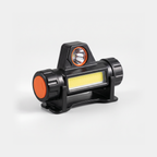 Head torch lamp from the orange end, showing the switch end cap, spot LED and COB flood bar