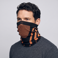 Knitted Snood in Black/Orange pulled up over the nose, three-quarter view