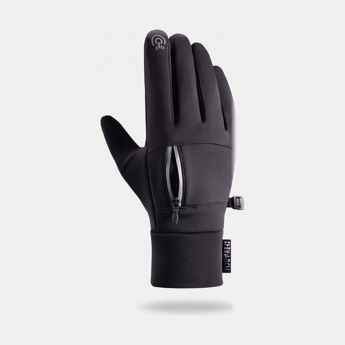 Back of a Black running glove with the zip pocket half open and reflective strip