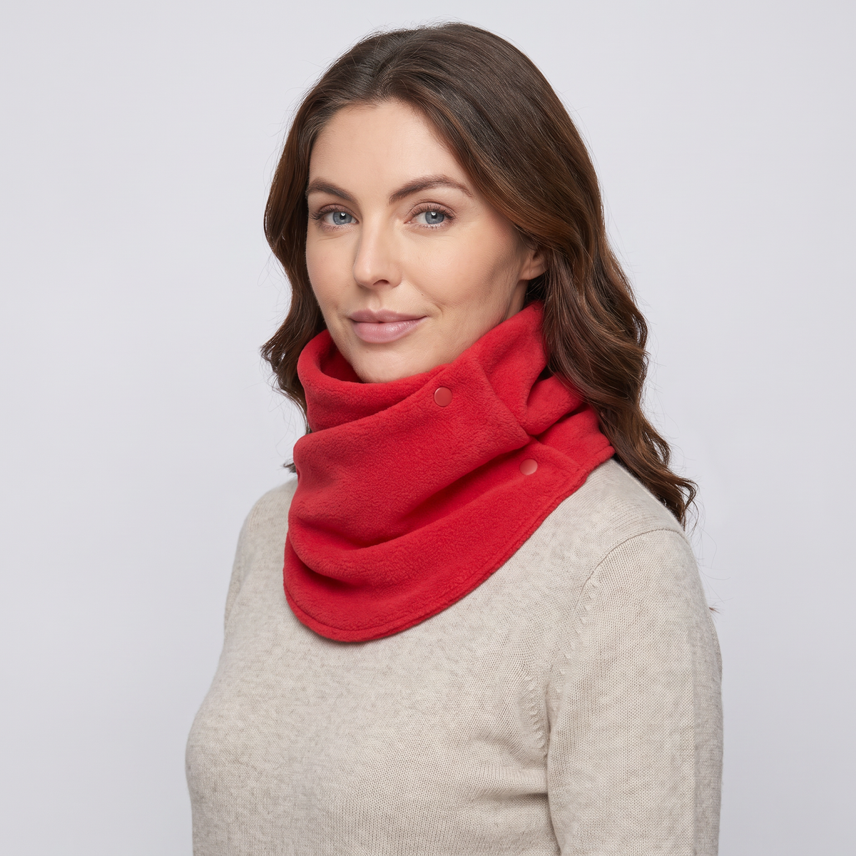 Fleece Snood neck warmer in Red, three-quarter view showing the two poppers