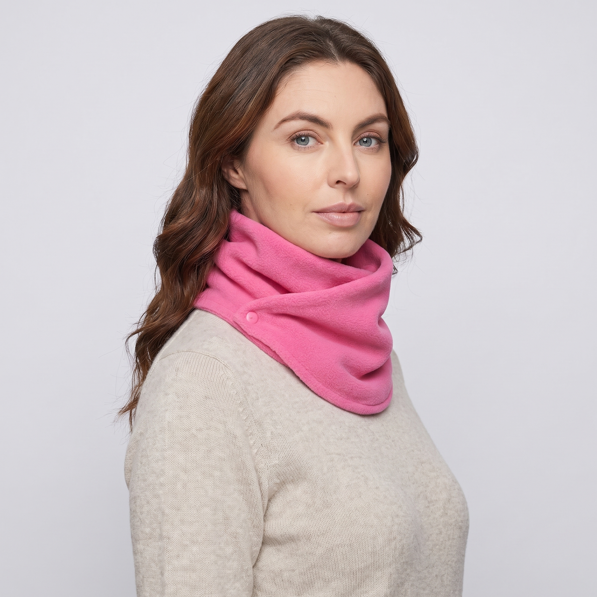Fleece Snood neck warmer in Rose pink, three-quarter view showing the two poppers