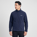 Men's Zip Up Fleece in Navy Blue, three-quarter view showing the stand collar and raglan sleeve