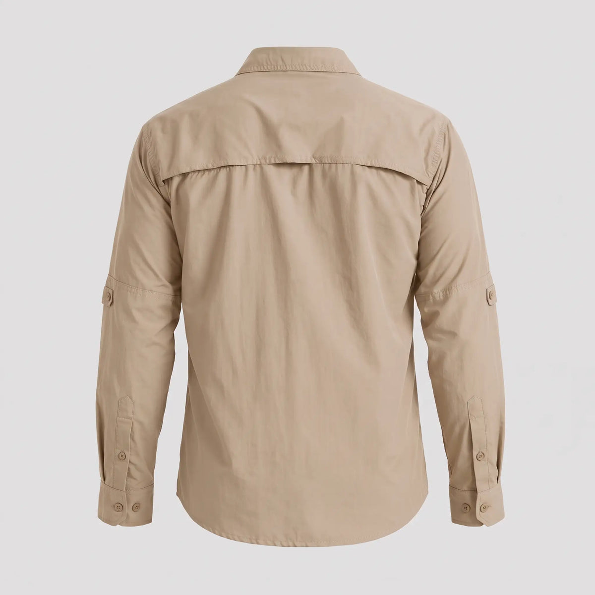 Men's fishing shirt in Khaki, back view with the vented yoke across the upper back