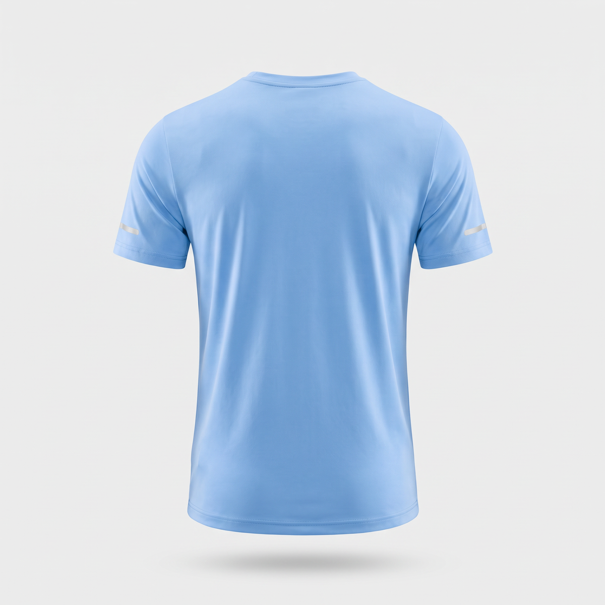 Men's running top in Sky Blue, back view on a light grey background