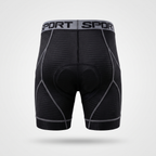 Men's padded cycling shorts in grey, back view with curved grey seams and the pad shape at the seat