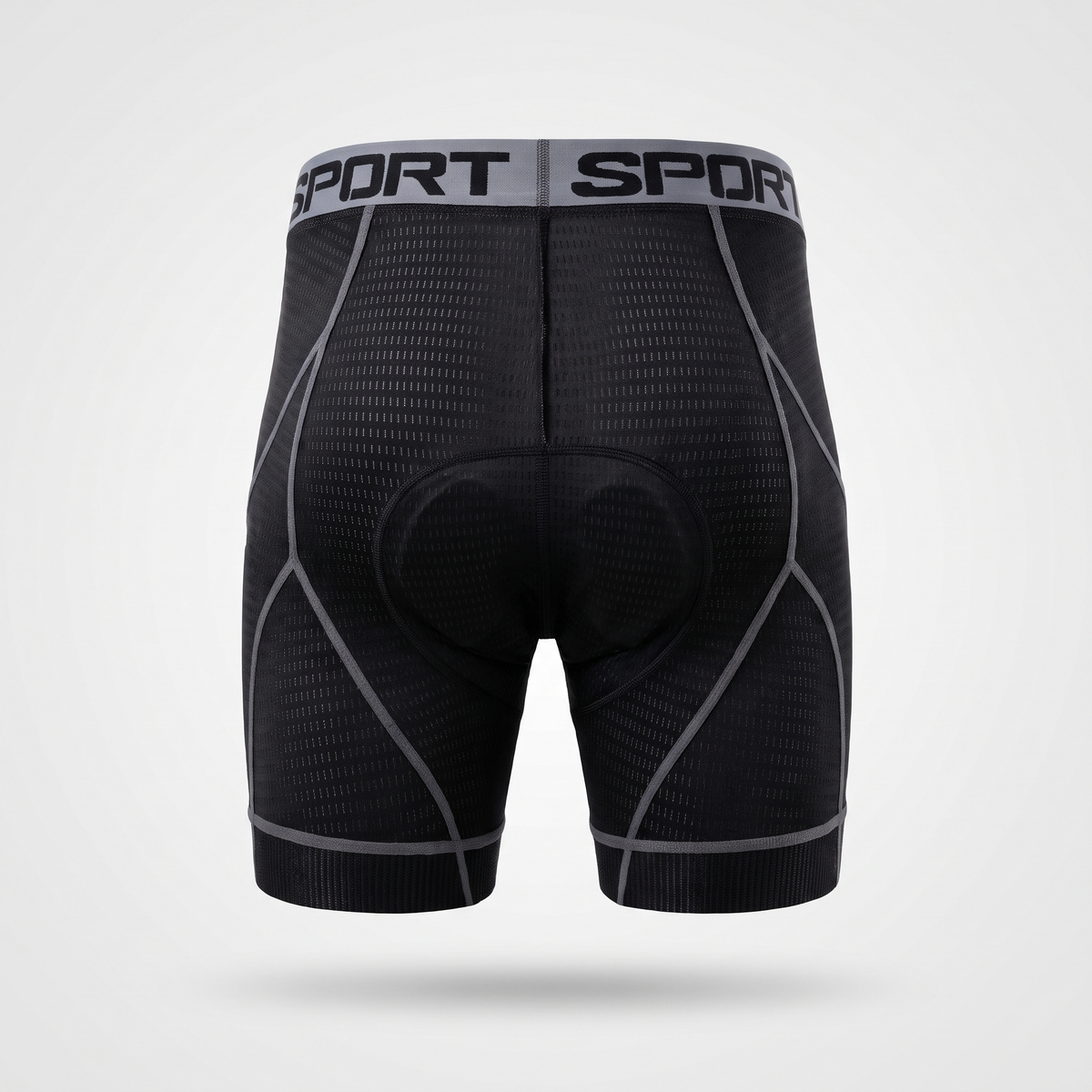 Men's padded cycling shorts in grey, back view with curved grey seams and the pad shape at the seat
