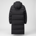Men's long puffer coat in Black, back view with hood