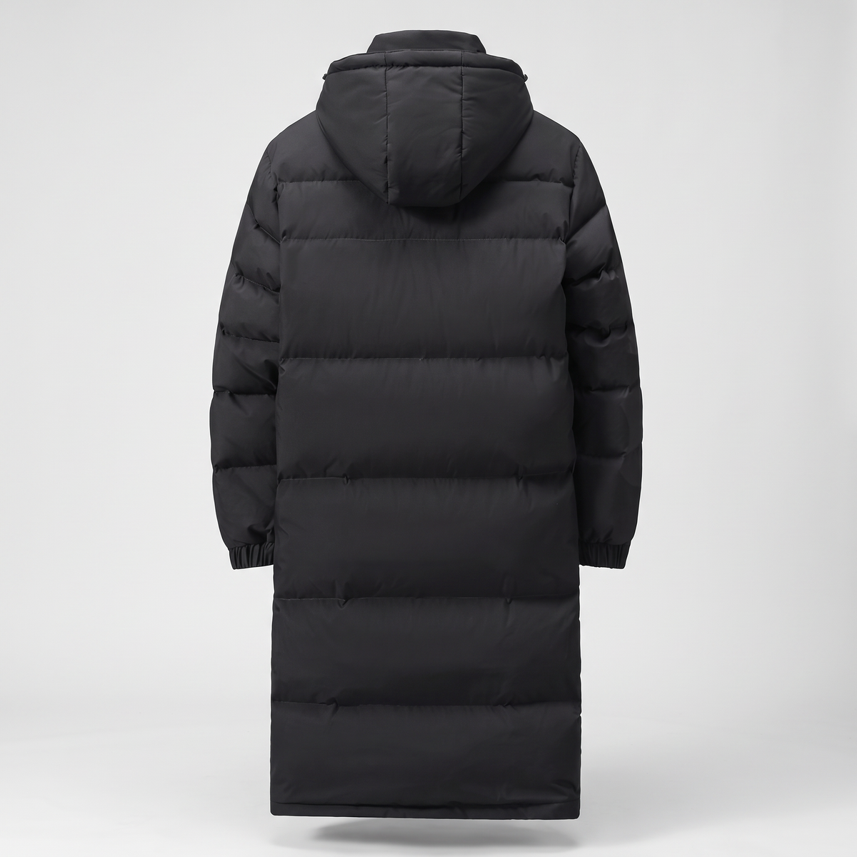 Men's long puffer coat in Black, back view with hood