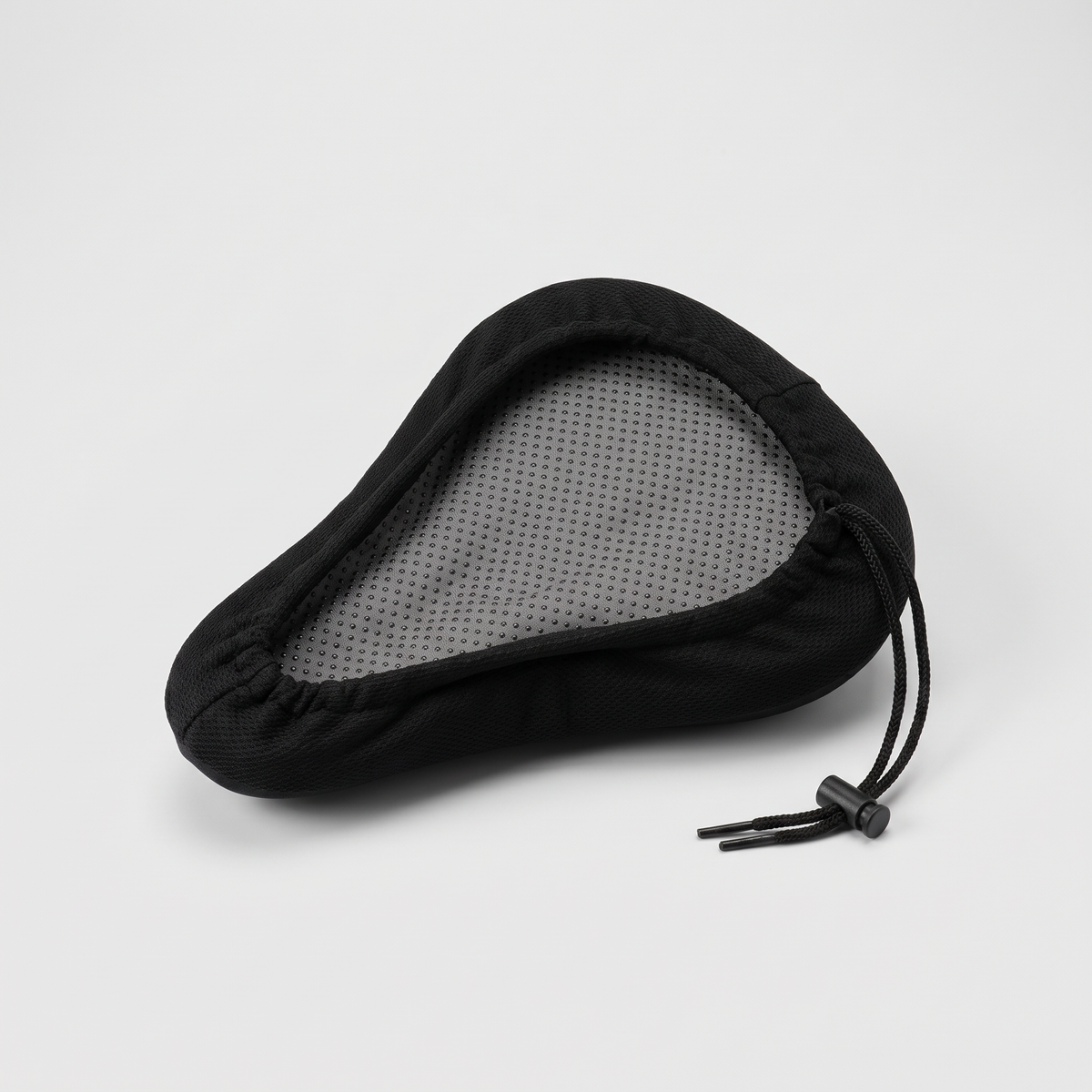 Underside of the bike seat cover: grey non-slip dotted lining and drawstring with toggle