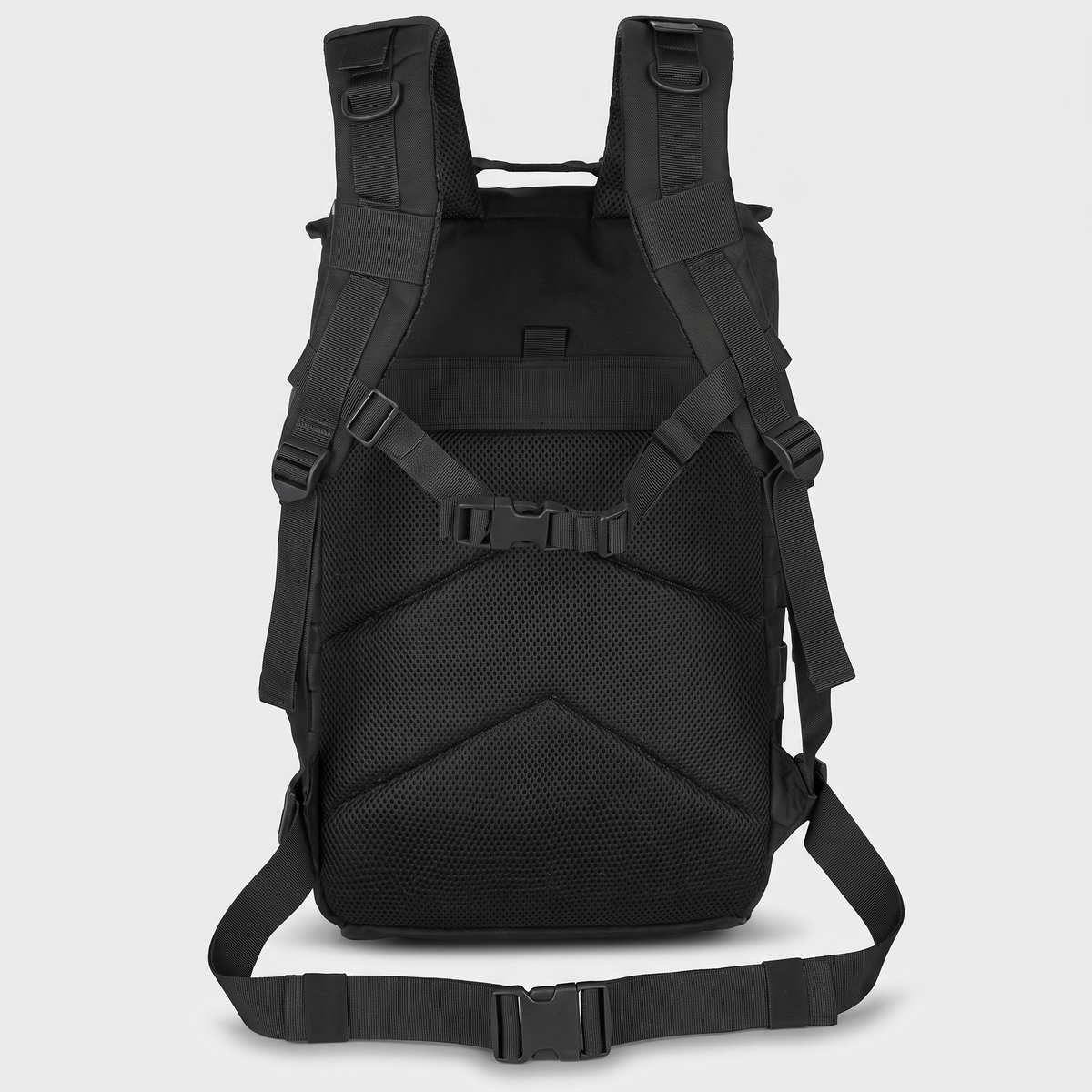 Padded mesh back panel, shoulder straps, sternum and waist strap of the 45L rucksack