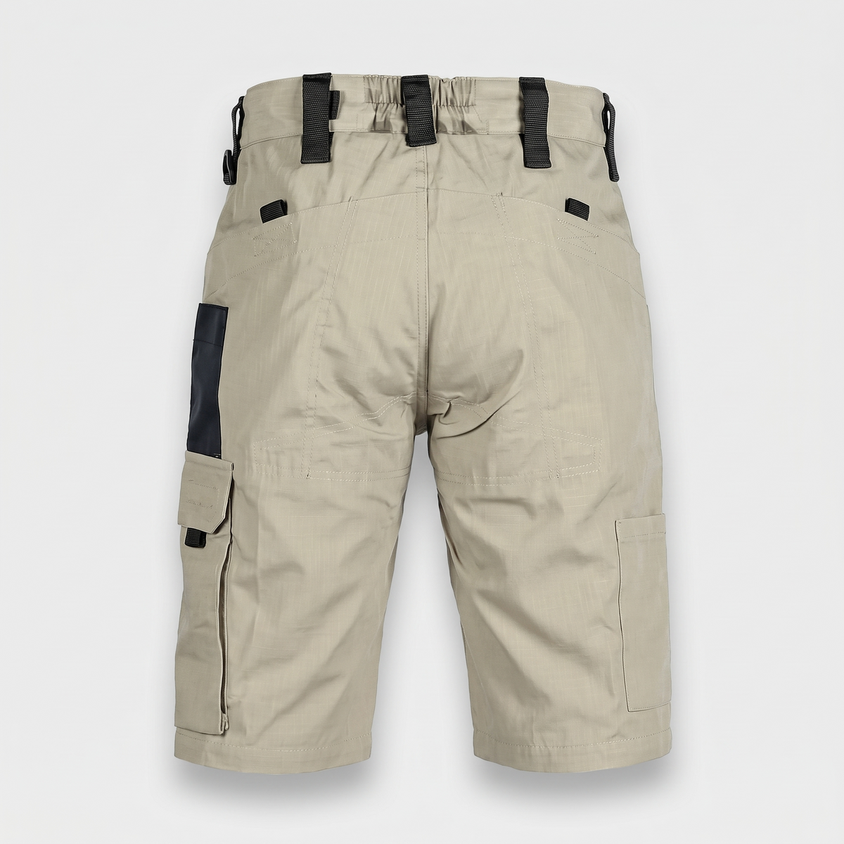Back view of the Khaki cargo shorts with elasticated rear waistband and two back pockets