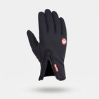 Back of a Black touchscreen glove with the cuff zip half open