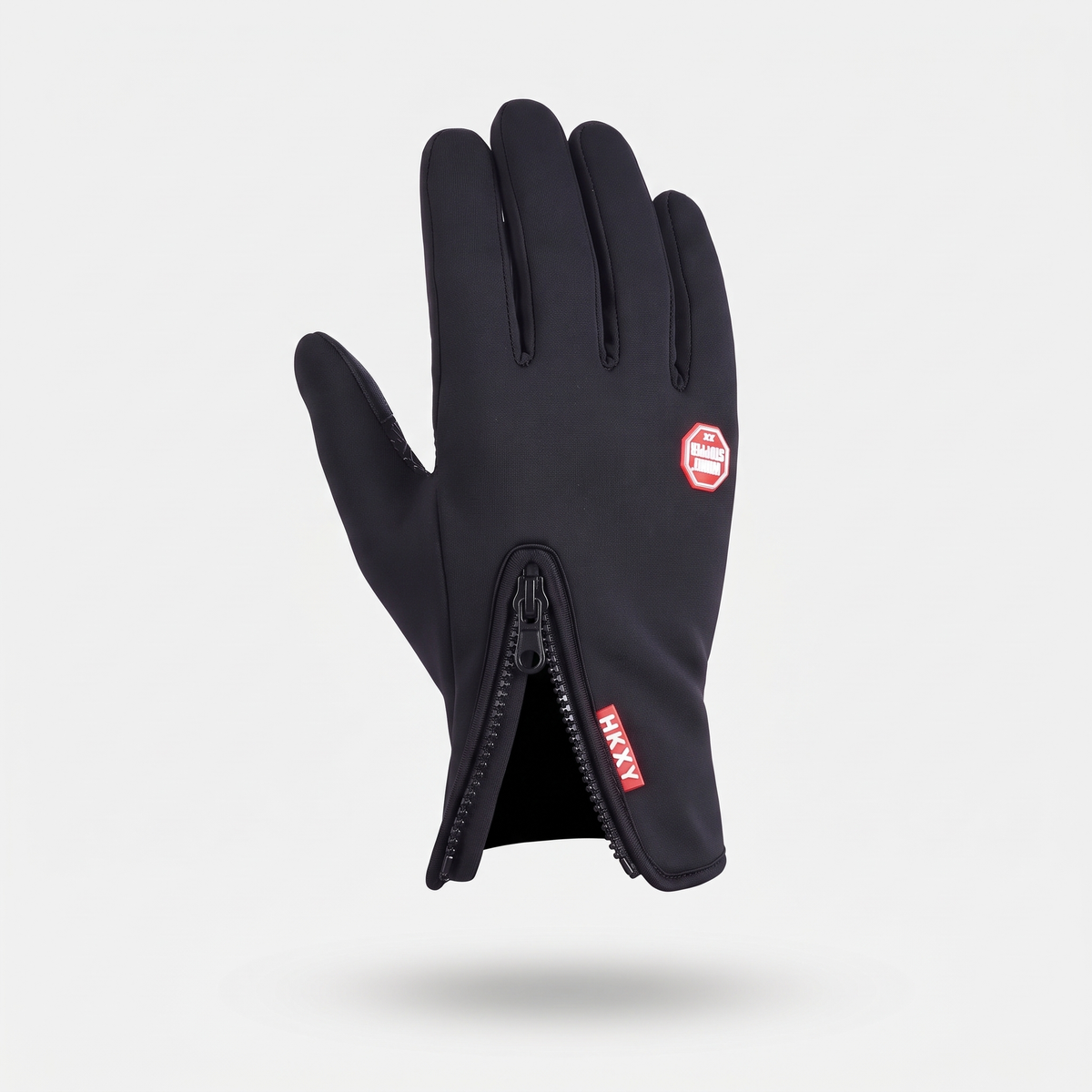 Back of a Black touchscreen glove with the cuff zip half open
