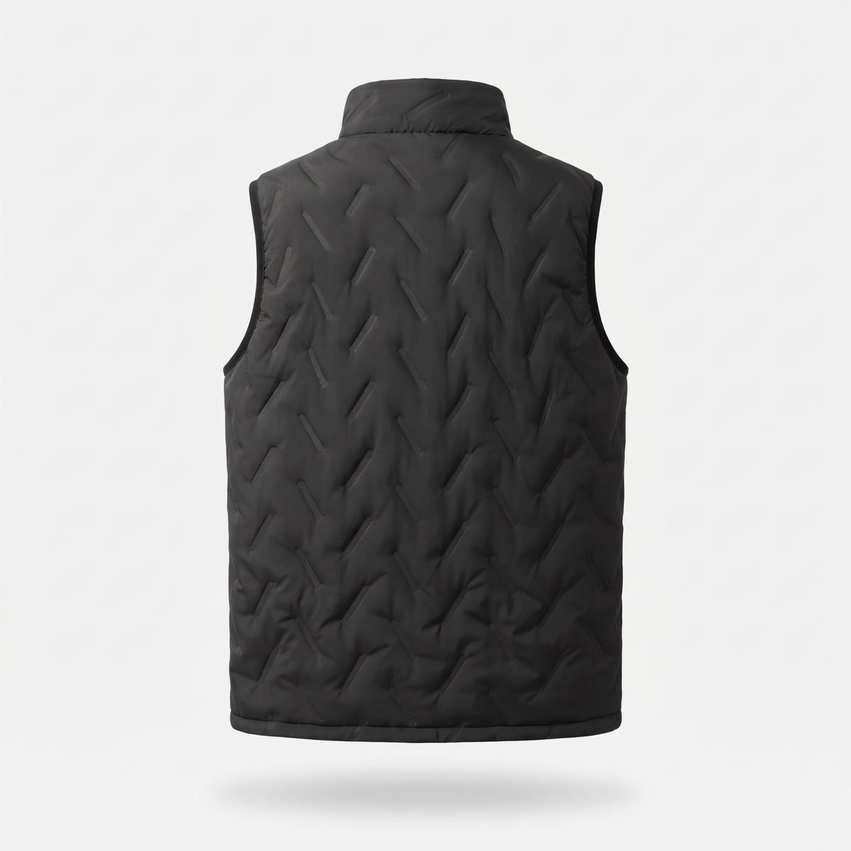 Back of the men's black quilted gilet showing the plain wave-quilted back and stand collar
