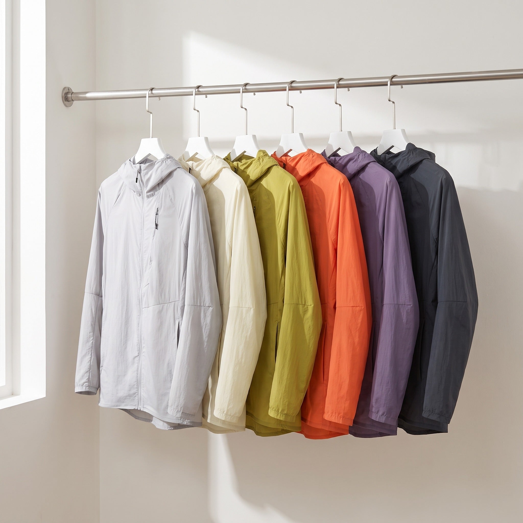 All six windbreaker colourways on a rail