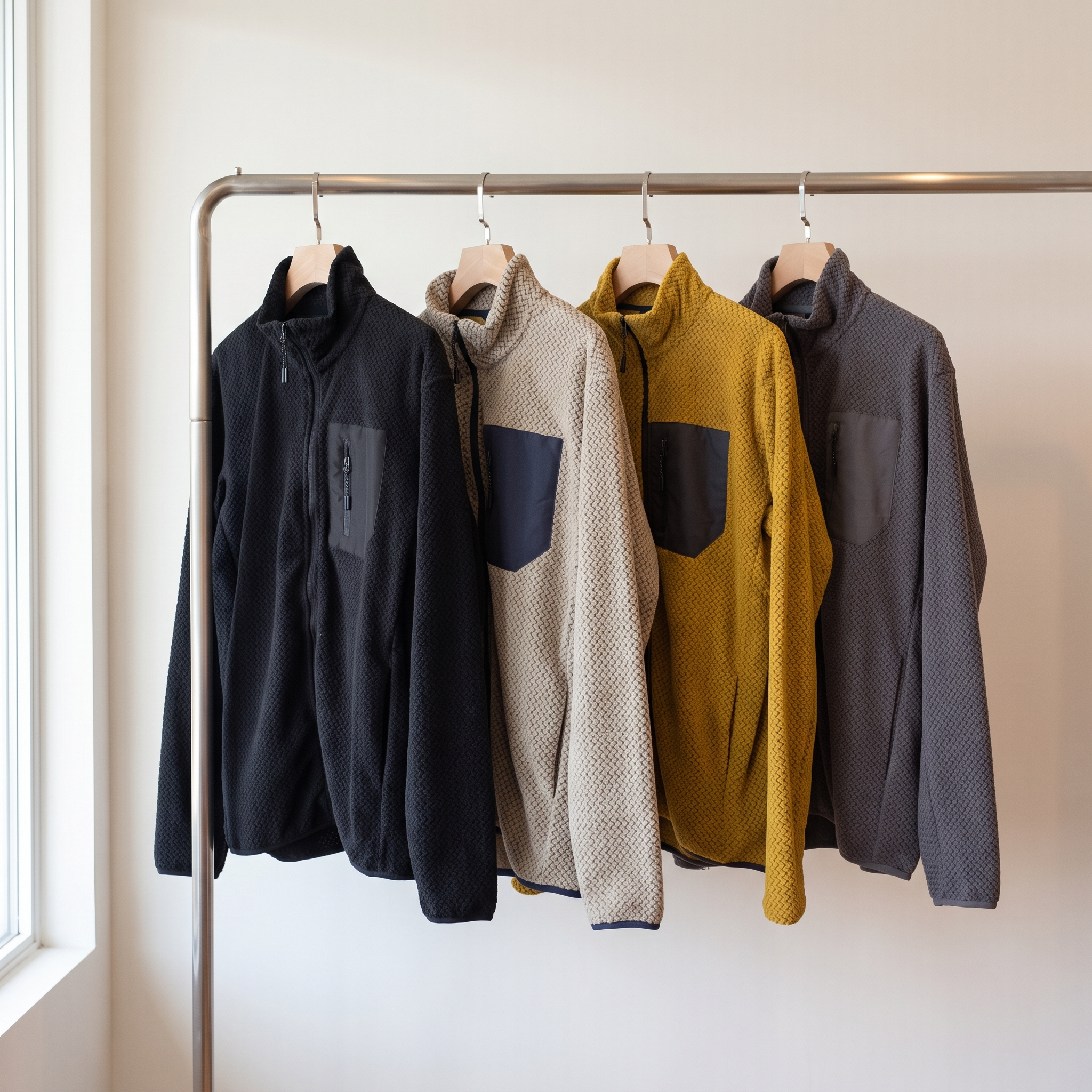 All four colourways on a rail: navy, oatmeal, mustard and grey