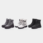 All three snow boot colourways side by side: Dark Grey, White and Black