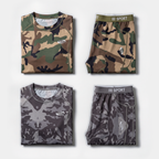 Camo base layer set in both colourways folded flat: Green Camouflage top and leggings above, Grey Camouflage top and leggings below