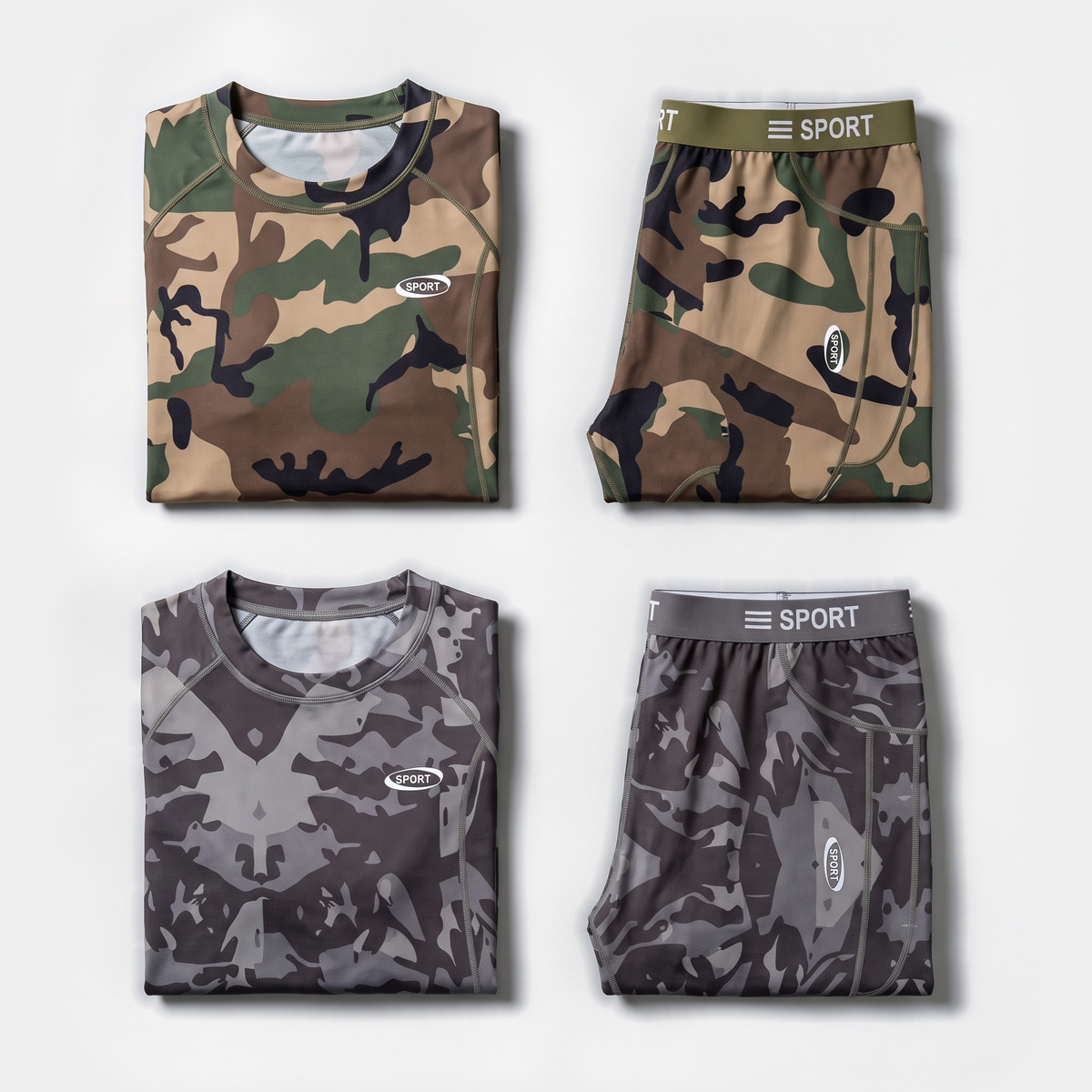 Camo base layer set in both colourways folded flat: Green Camouflage top and leggings above, Grey Camouflage top and leggings below