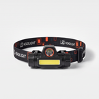 Head torch lamp straight on, round spot LED above the wide COB flood bar