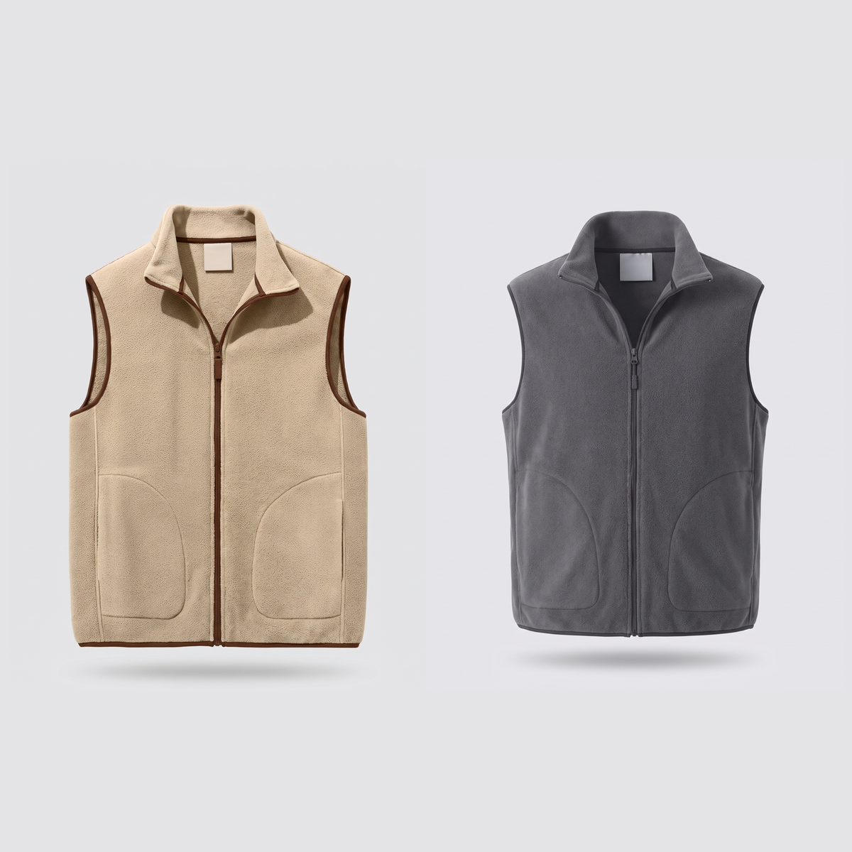 Men's fleece vest colour options, khaki and charcoal side by side