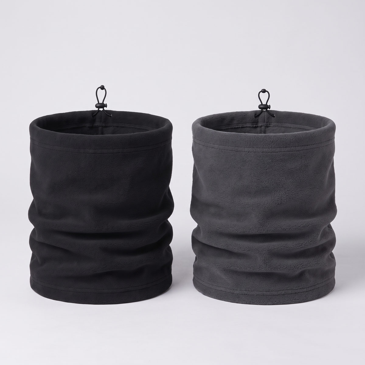 Men's fleece snood in Black and Grey side by side