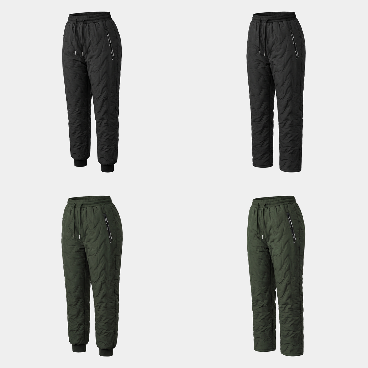 Women's fleece lined quilted trousers in Black and Army Green, cuffed ankle and straight leg