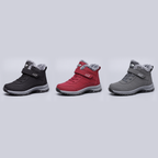 Fur lined winter boots in Black, Crimson and Grey side by side