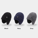 Men's winter hat with ear flaps in black, navy and grey side by side