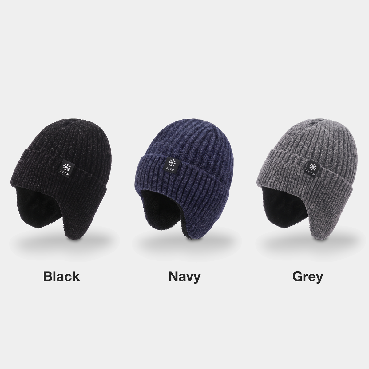 Men's winter hat with ear flaps in black, navy and grey side by side