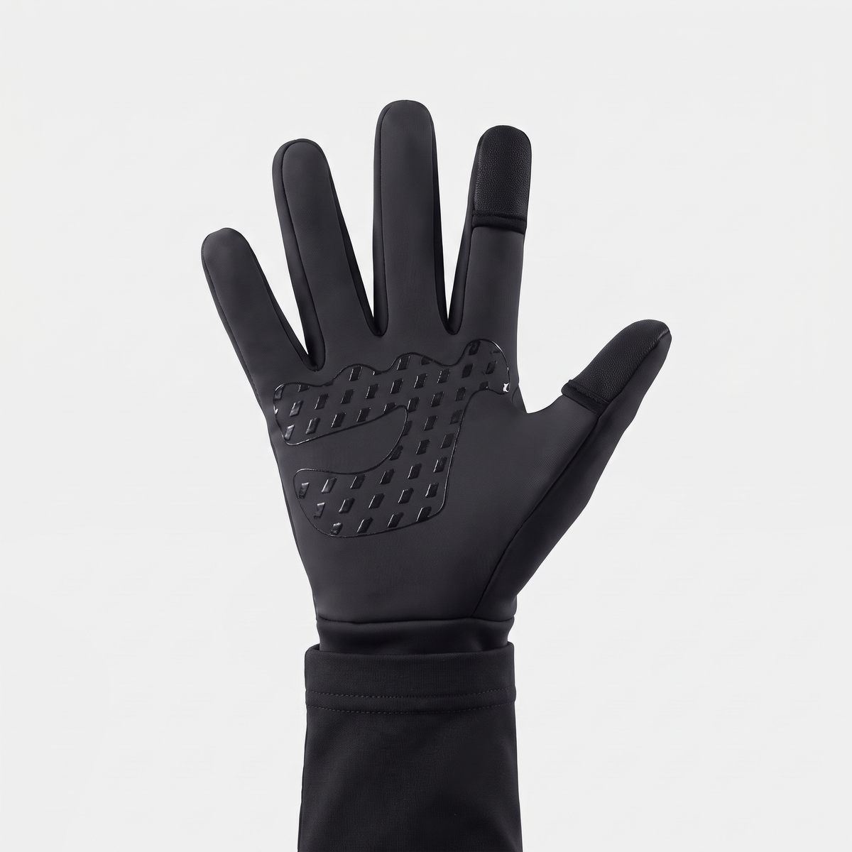 Palm of the winter glove with the raised grip print, thumb and index caps closed over the fingertips