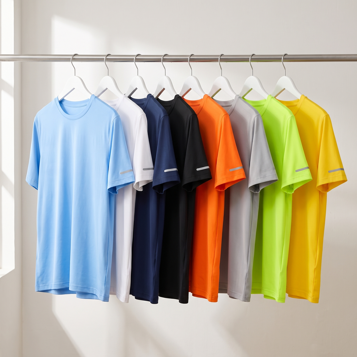 The men's running top in all eight colours on a clothes rail