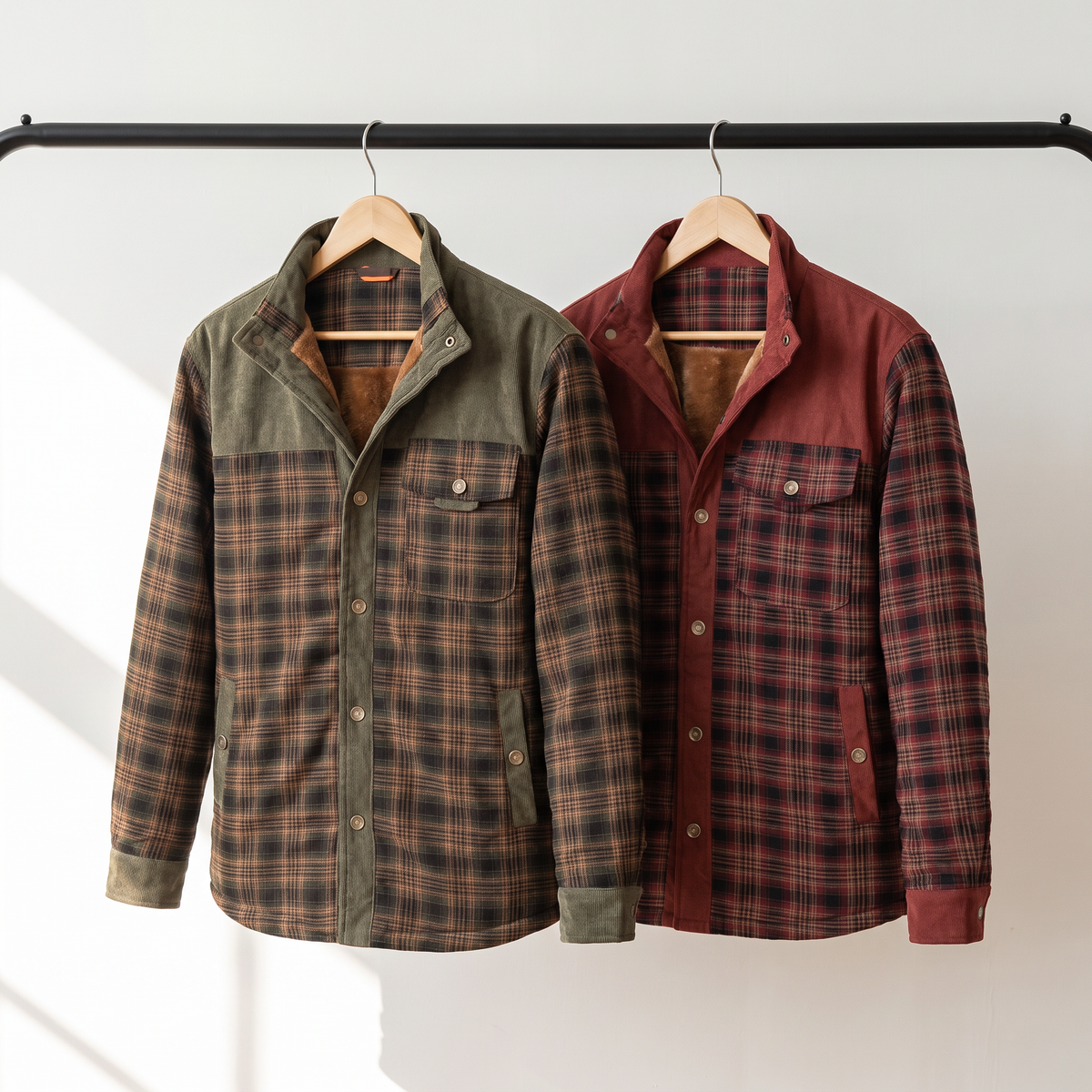 Men's fleece lined check overshirt in Army Green and Rust Red on a clothing rail