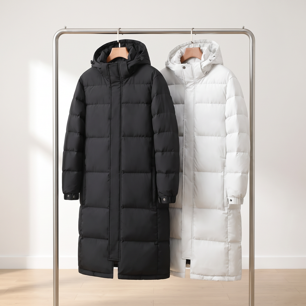 Men's long puffer coat in Black and White on a clothes rail