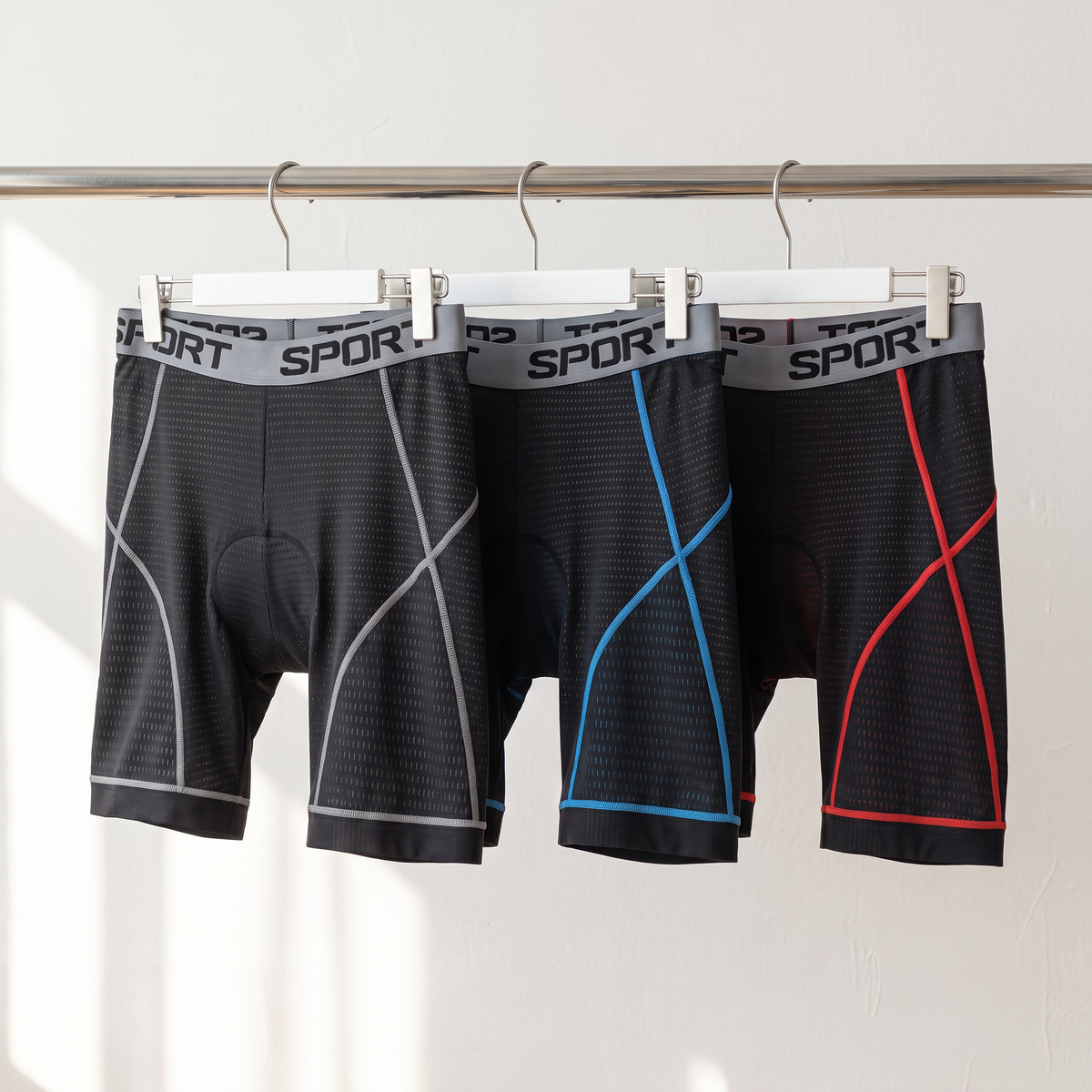 The padded cycling liner shorts in grey, blue and red hanging on a clothes rail