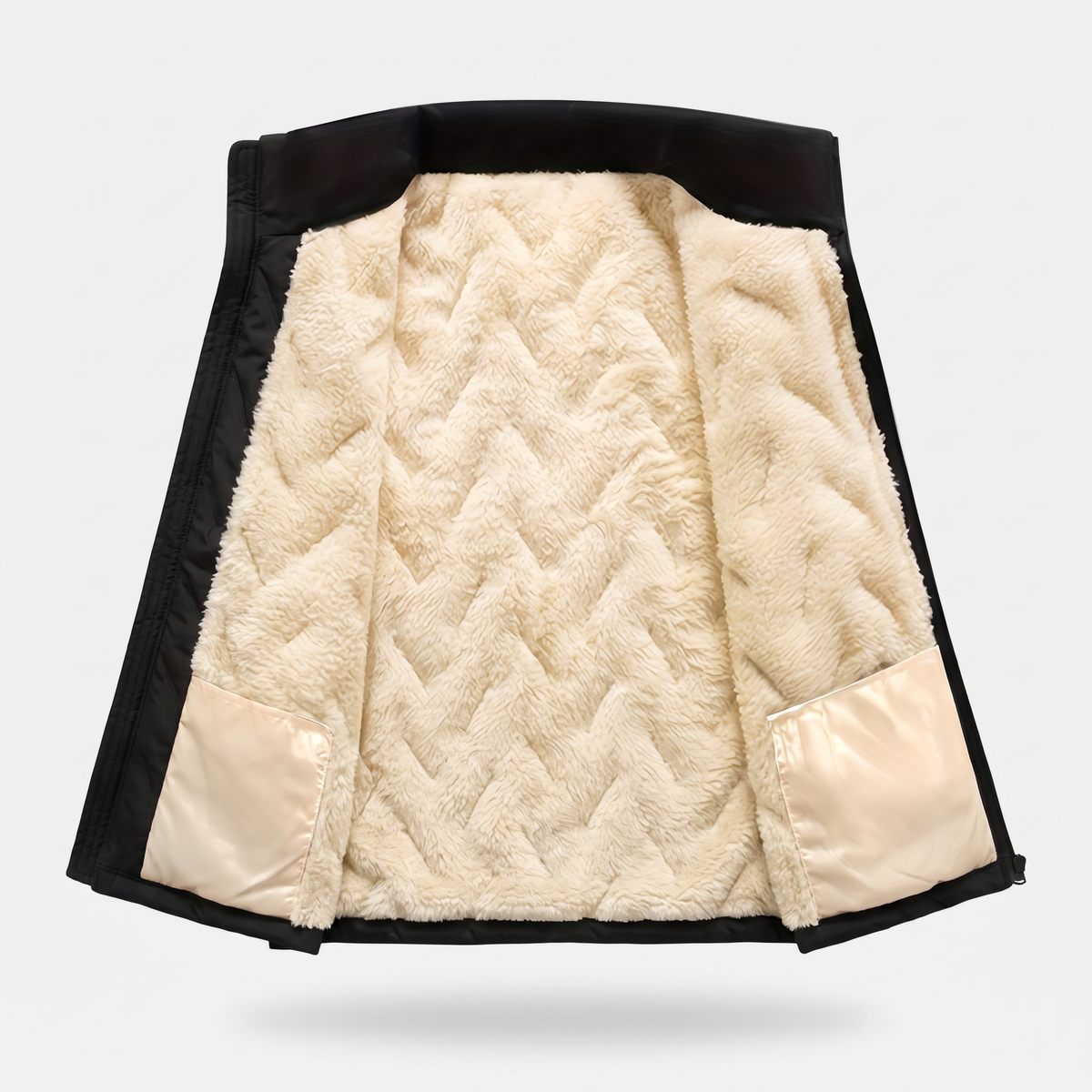 Inside of the gilet showing the deep cream fleece pile lining and black collar