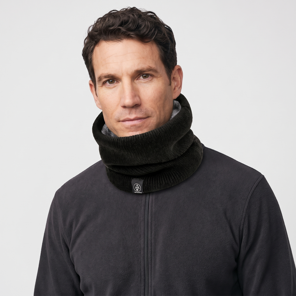 Knit snood worn round the neck
