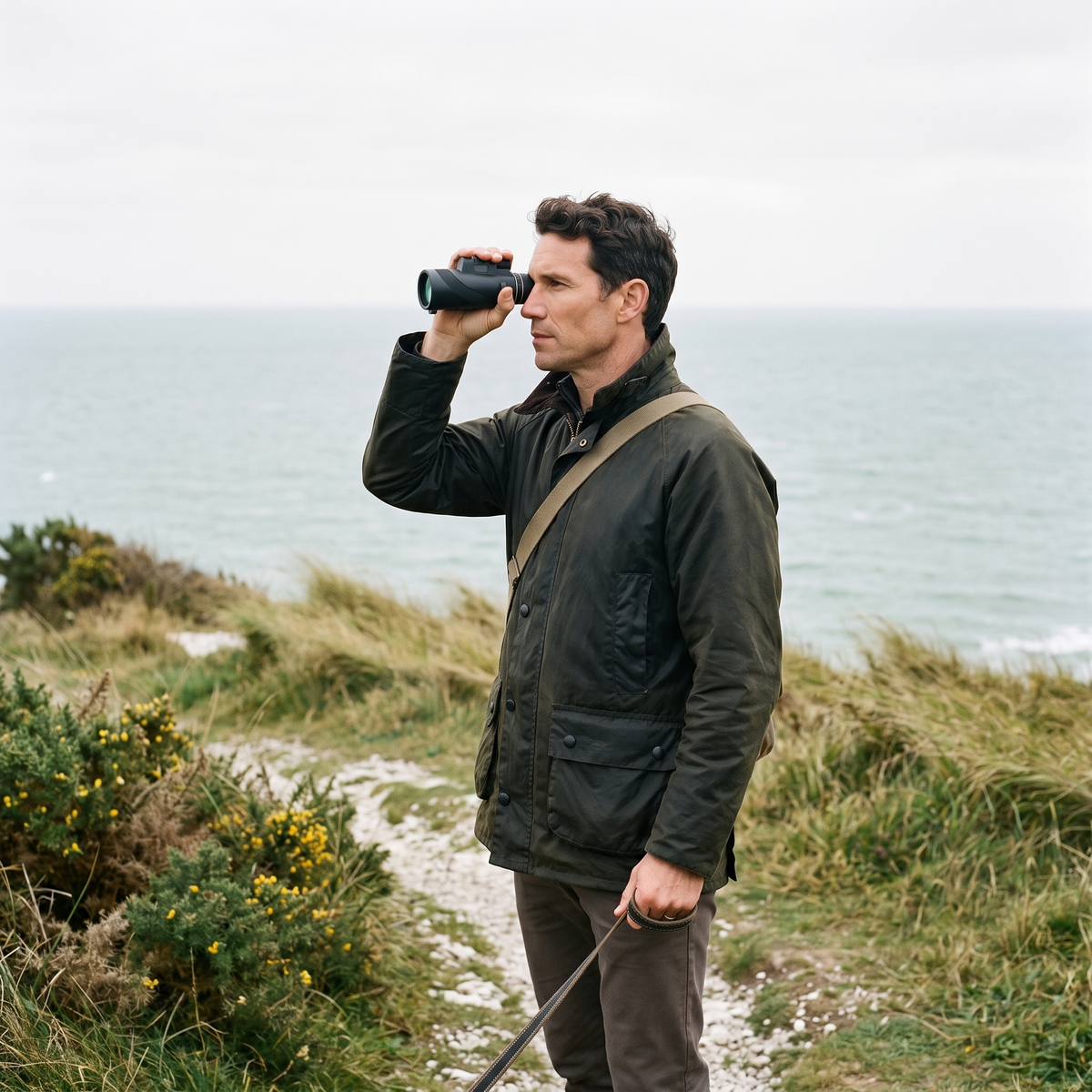 Walker using the 10x50 monocular one handed on a British coastal path