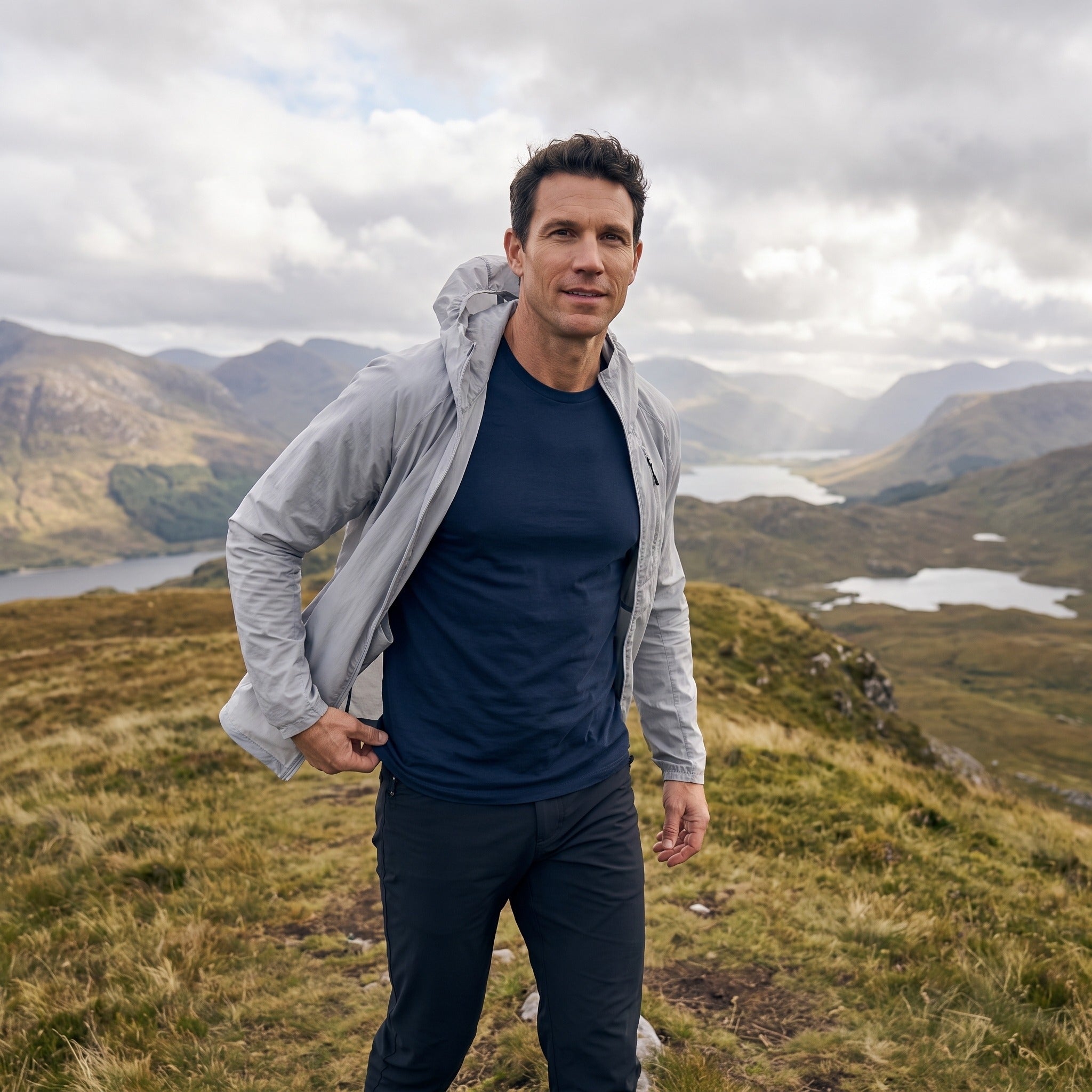 Man in a lightweight windbreaker on an exposed ridge