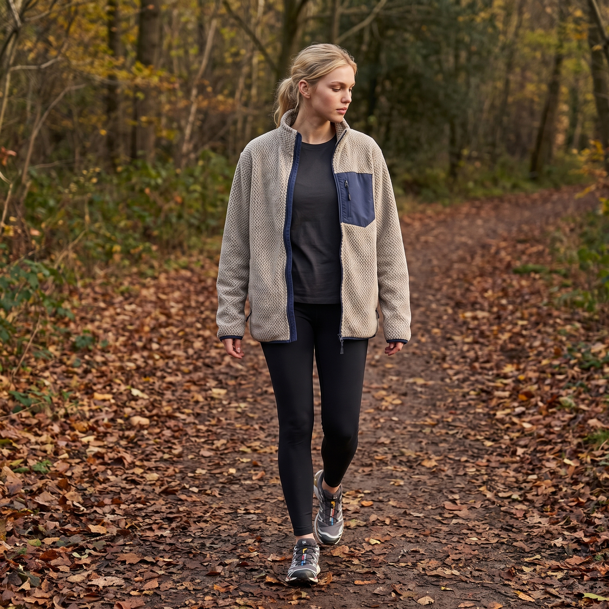 Woman walking an autumn footpath wearing the fleece jacket unzipped