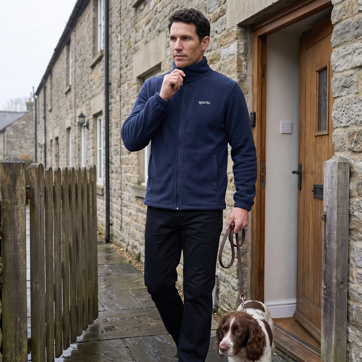 Man zipping up the Men's Zip Up Fleece at his front door in Britain before a dog walk