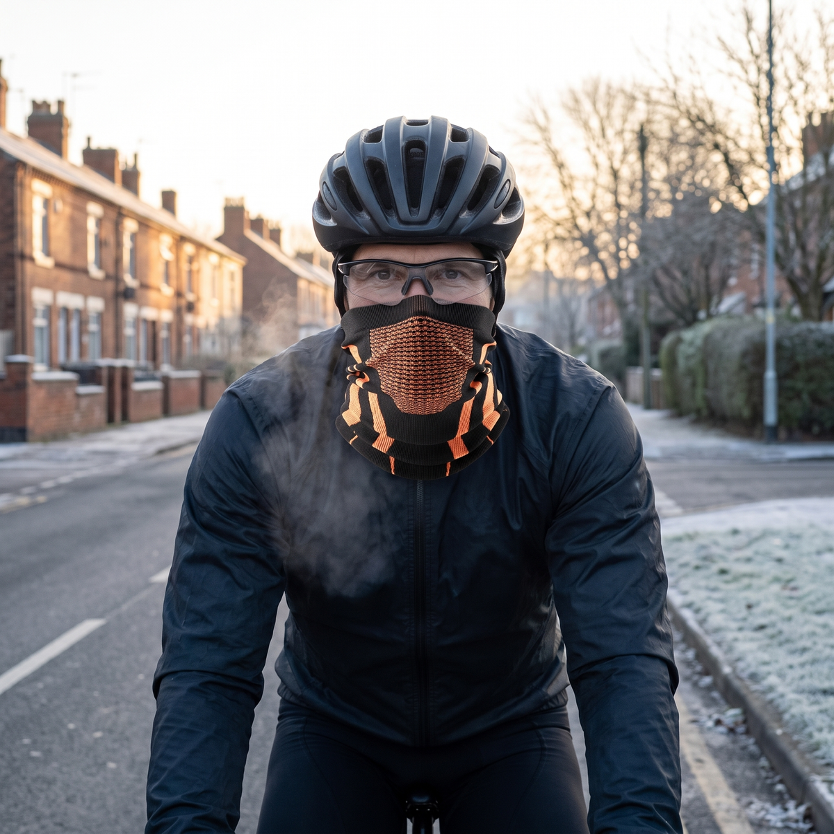 Cyclist in glasses on a frosty British street wearing the Knitted Snood over his nose