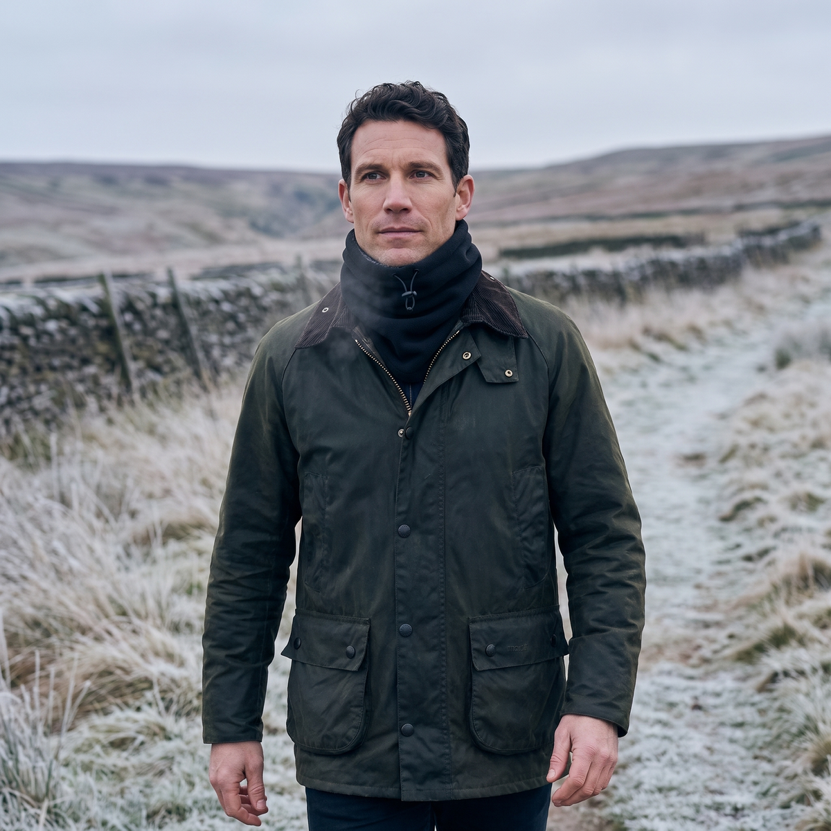 Man wearing the fleece snood on a winter moorland walk in Britain