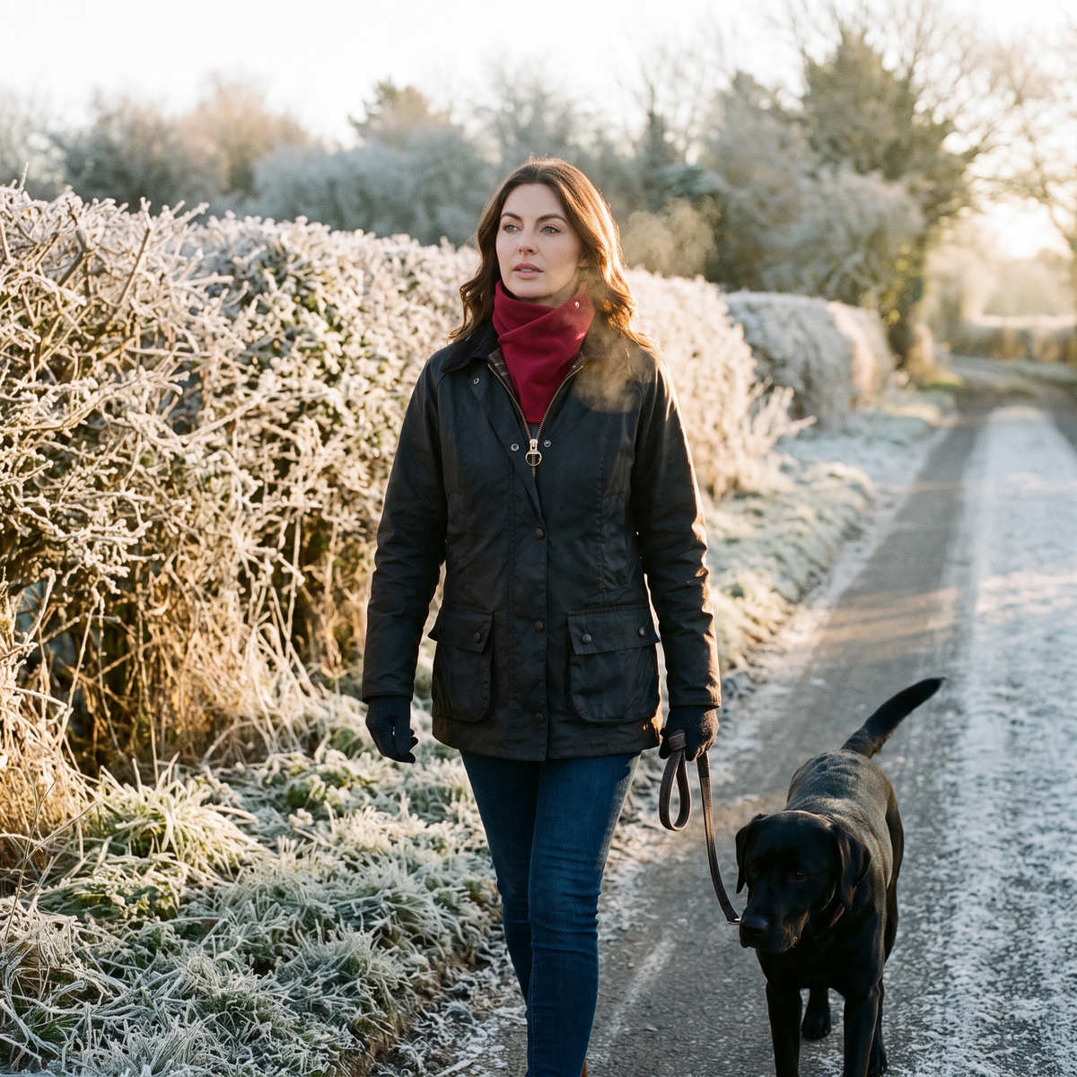 Woman walking a dog on a frosty British lane wearing the Crimson Fleece Snood